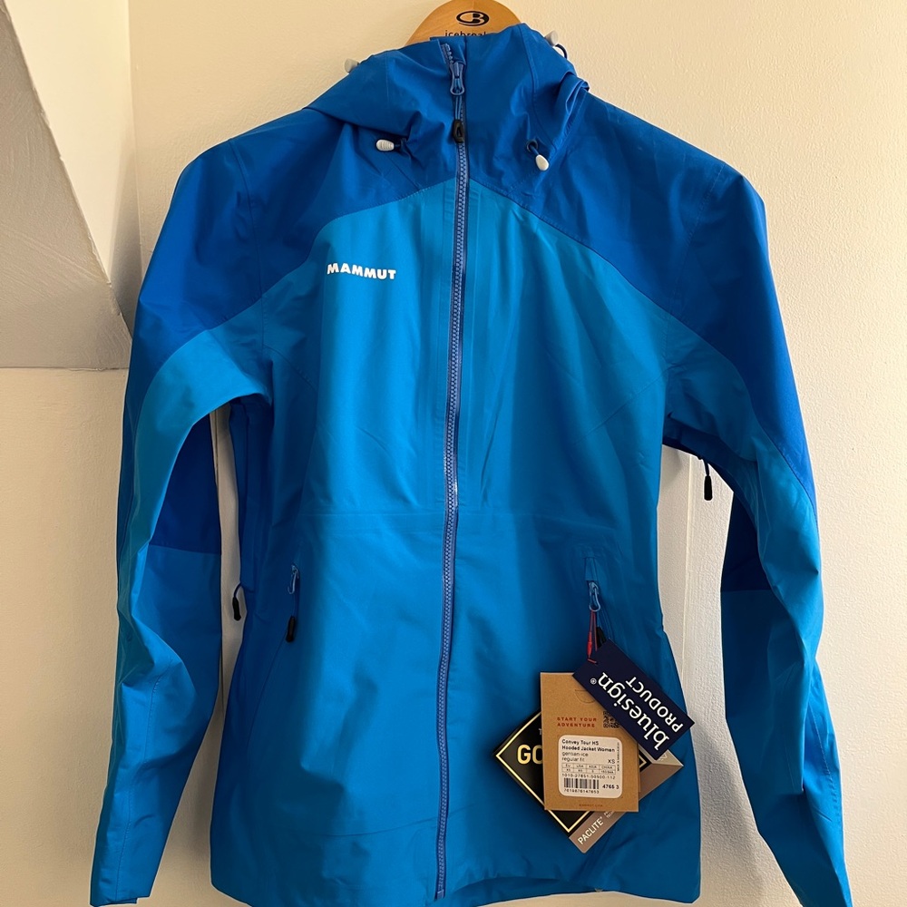 W’s Mammut Convey Tour HS Hooded Jacket, size XS, gentian ice color.